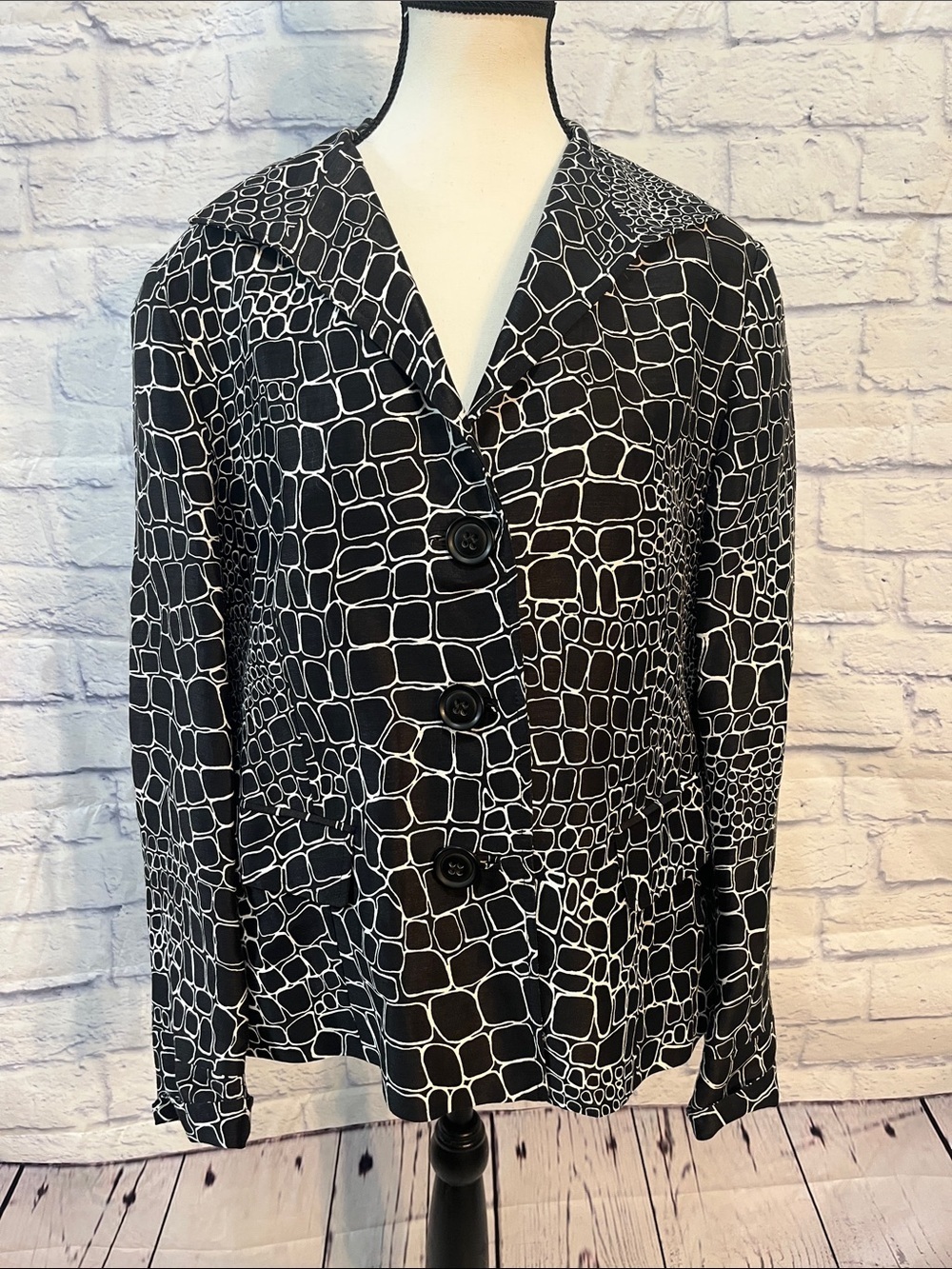 Lafayette 148 Blazer Black & White Faux Crocodile Print Linen/Silk Size 12